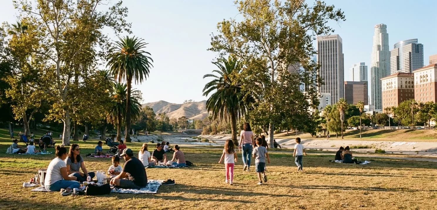 Families spread across a city park lawn on a weekend afternoon with children running in the distance