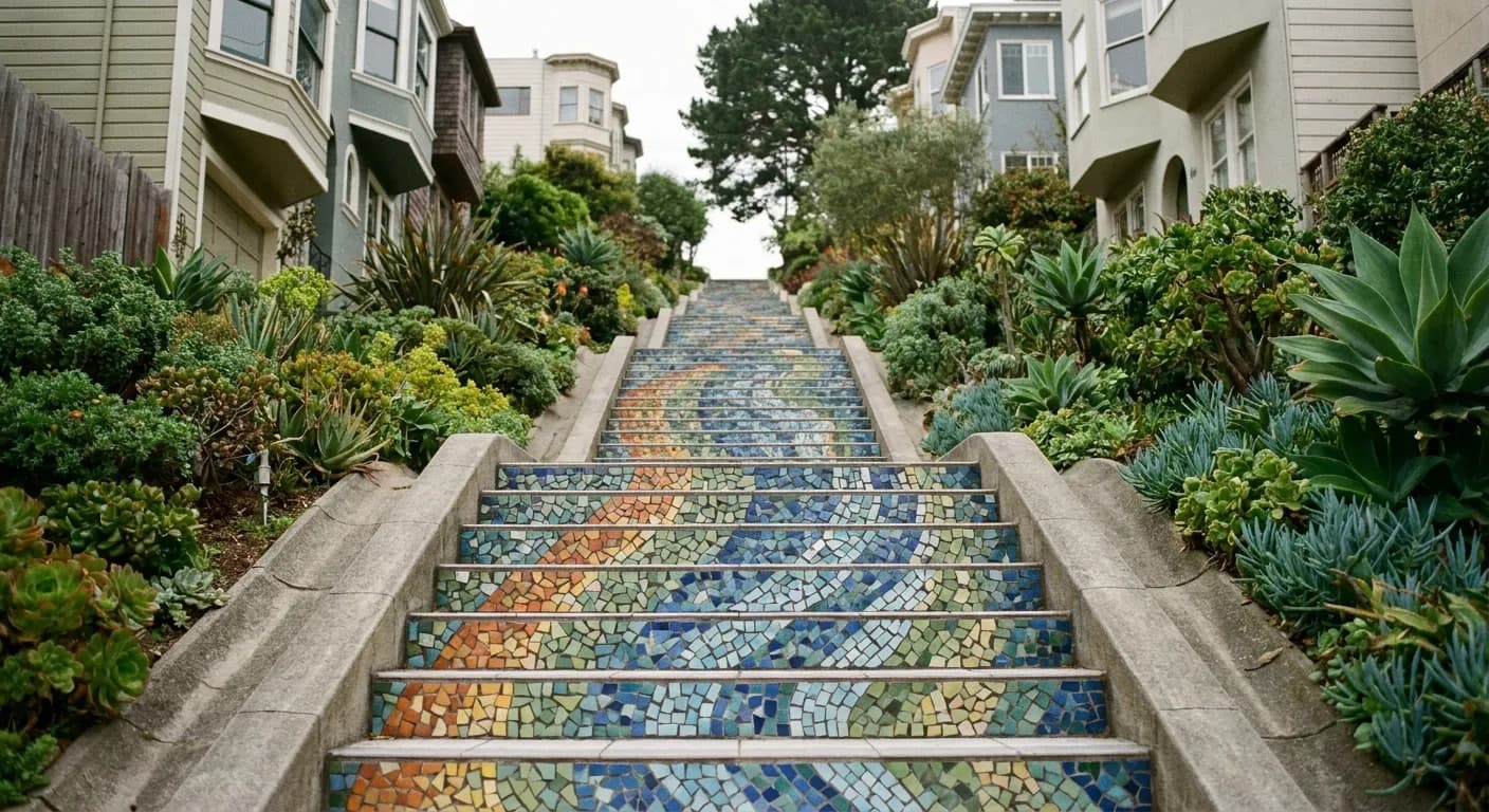 A long mosaic-tiled public staircase climbing steeply between houses