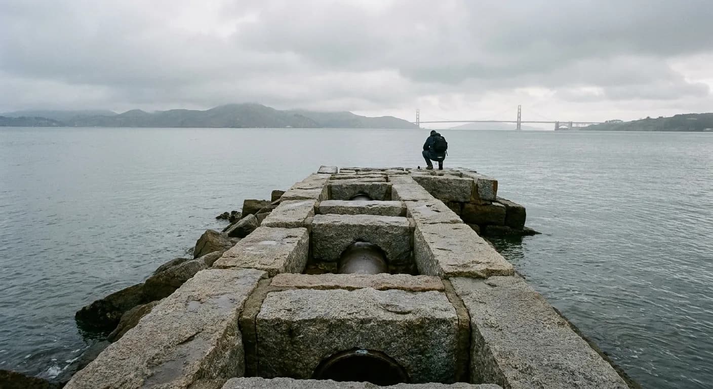 A stone jetty with pipe openings facing the water on an overcast morning