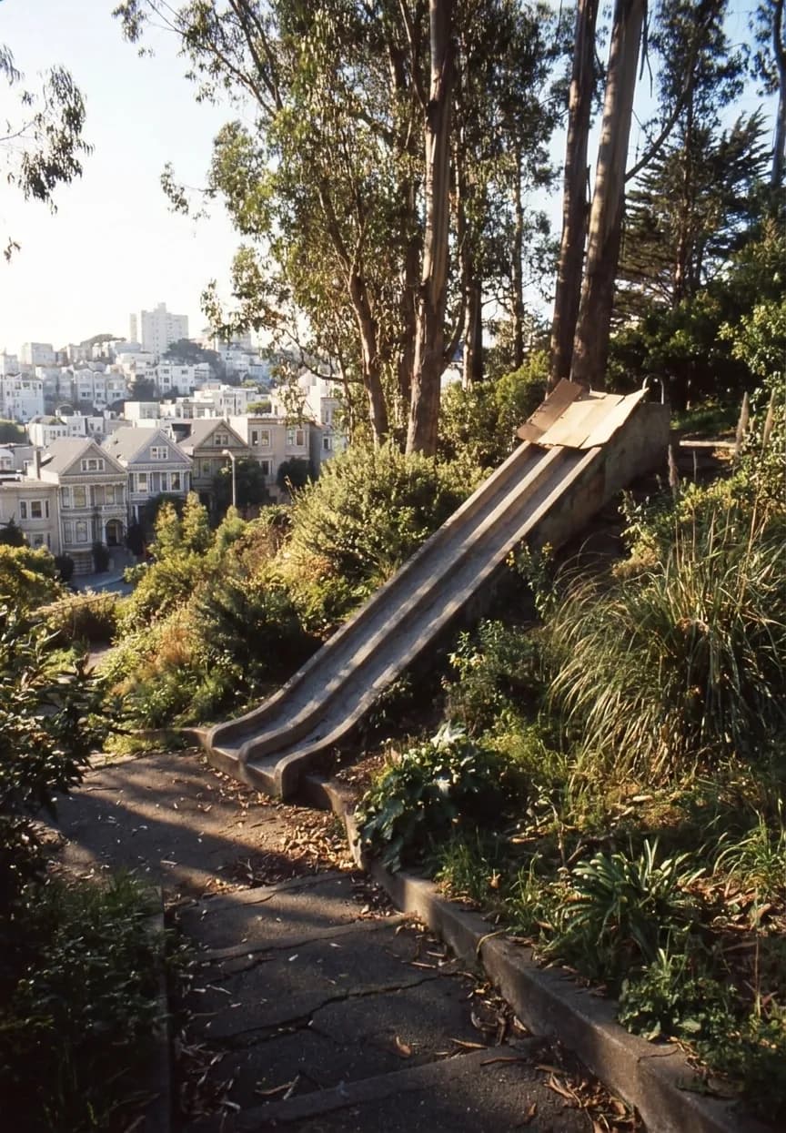 Long concrete slides running down a steep hillside in a small San Francisco neighbourhood park
