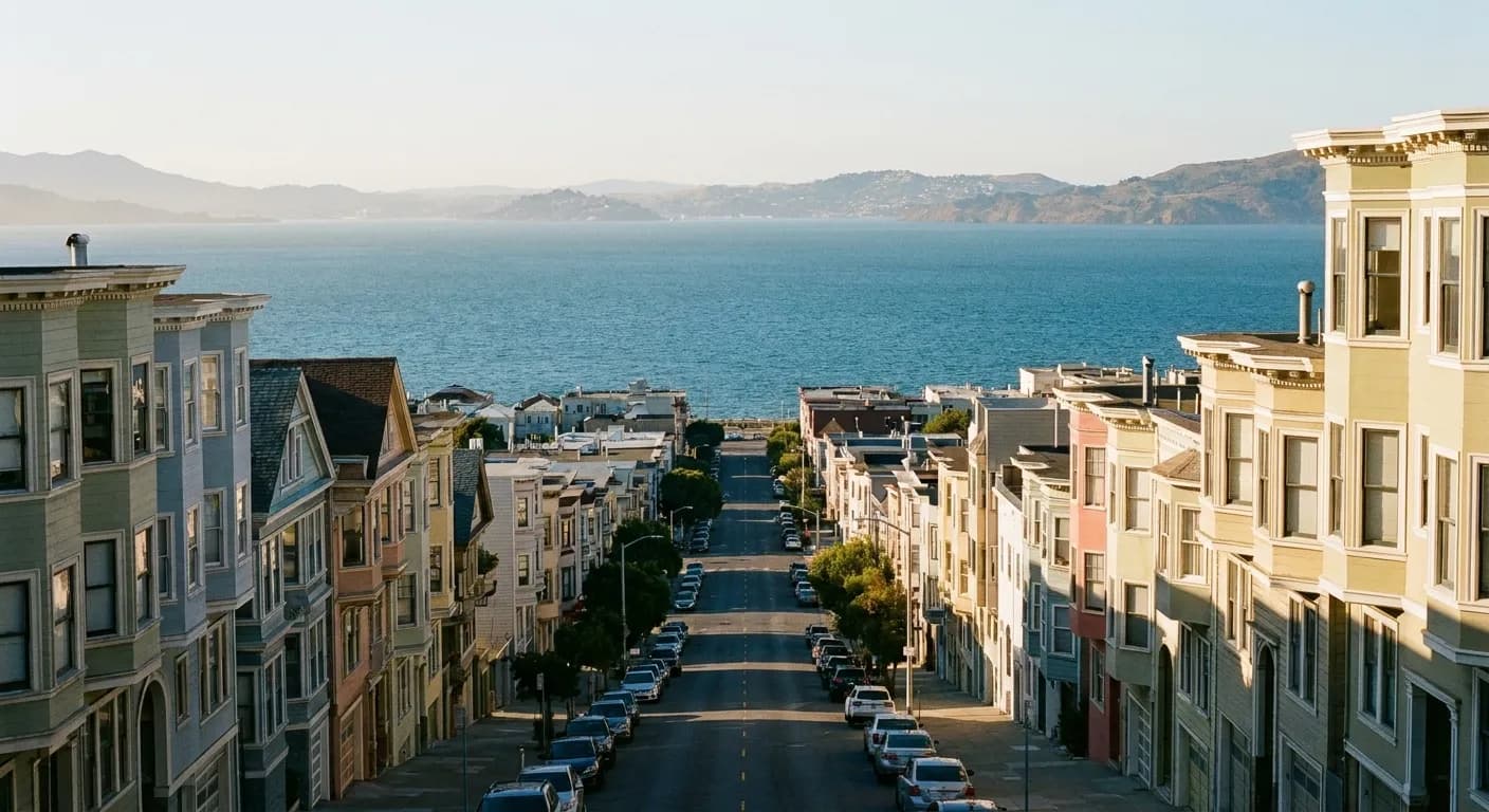 A steep city street descending toward the bay in clear light