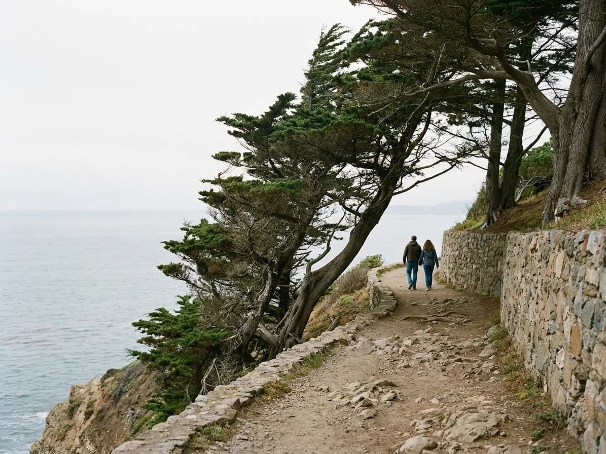 A coastal footpath along the cliffs with walkers in the distance