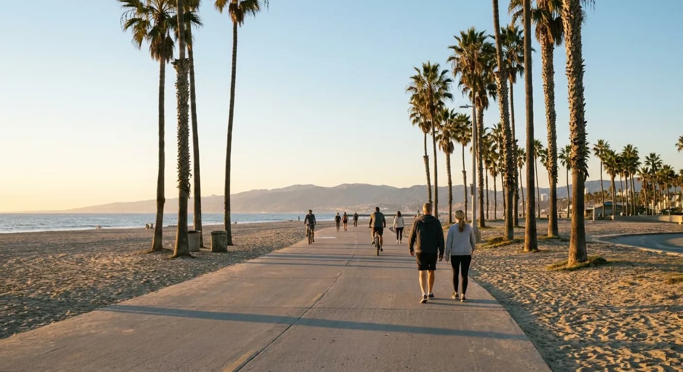 A wide beach path beside the ocean in late-afternoon light
