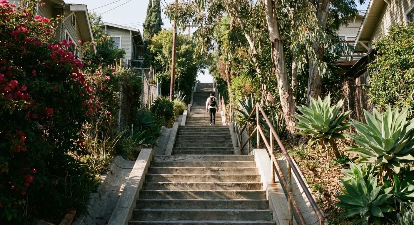 A public staircase climbing between houses on a hillside