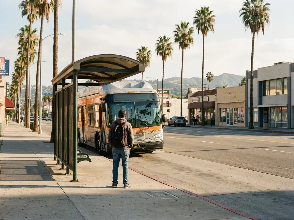 A person waiting at a roadside transit shelter on a wide sunlit boulevard