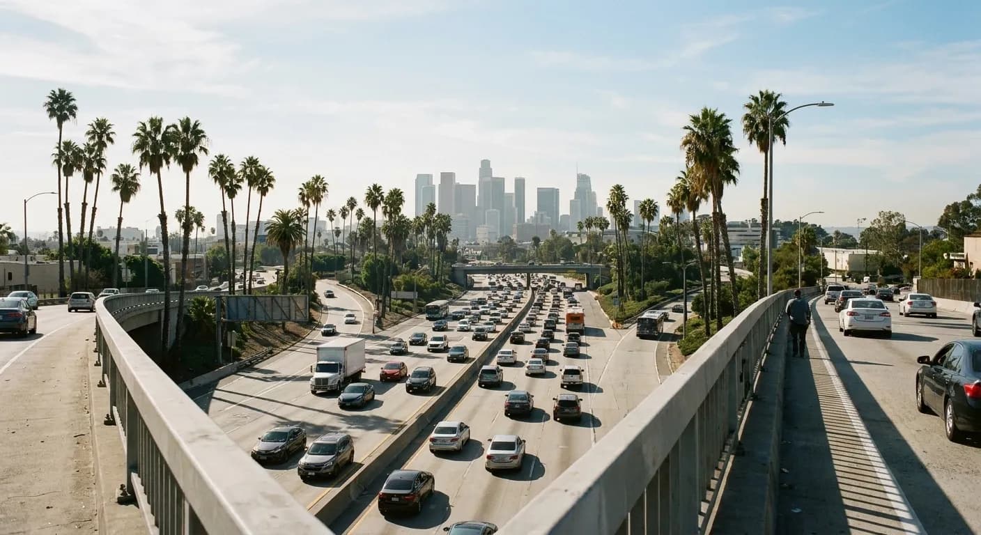 A freeway interchange curving between palm trees with the downtown skyline behind