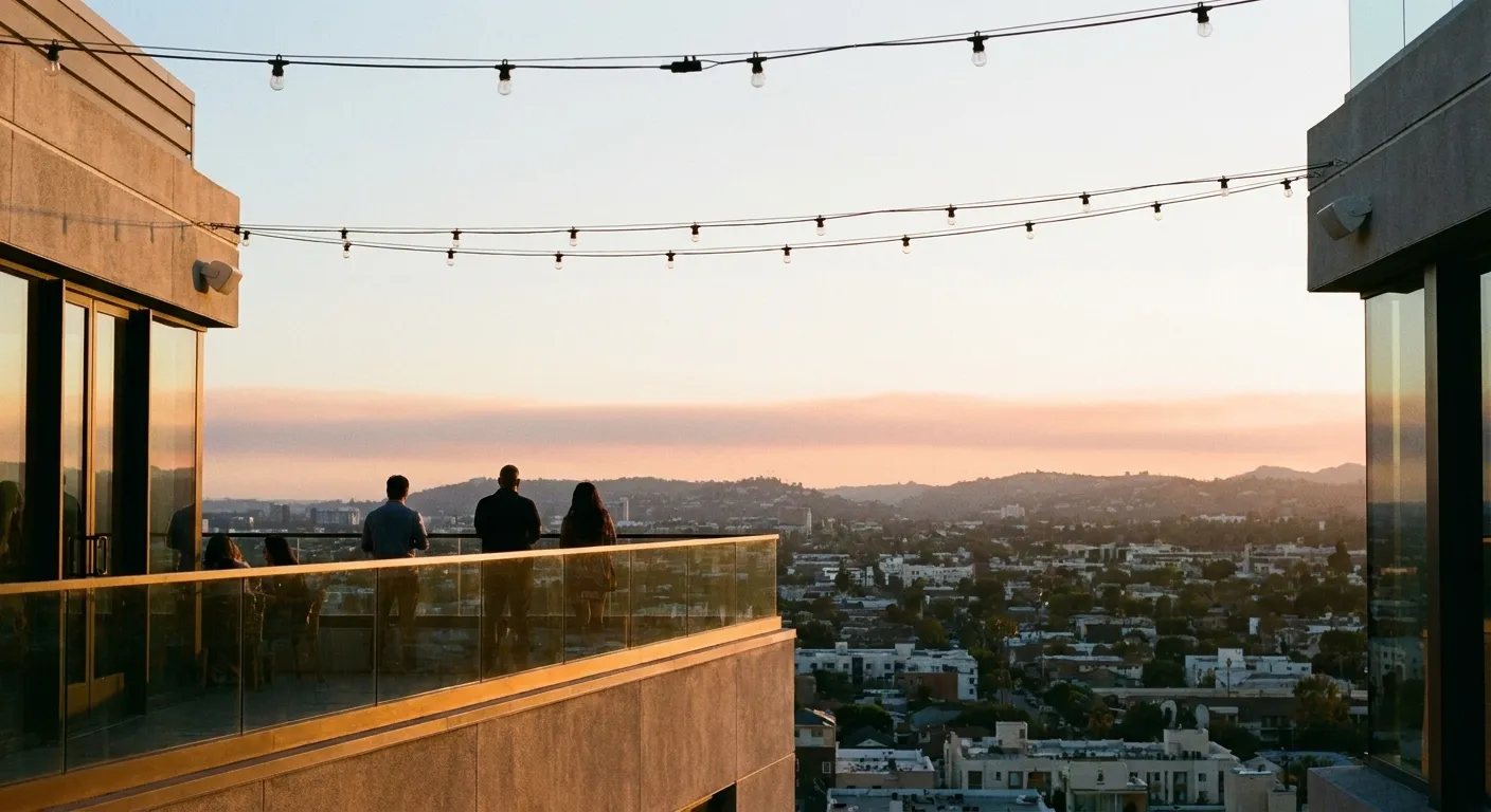 A Los Angeles rooftop terrace at sunset with a few people at the parapet looking out over the city