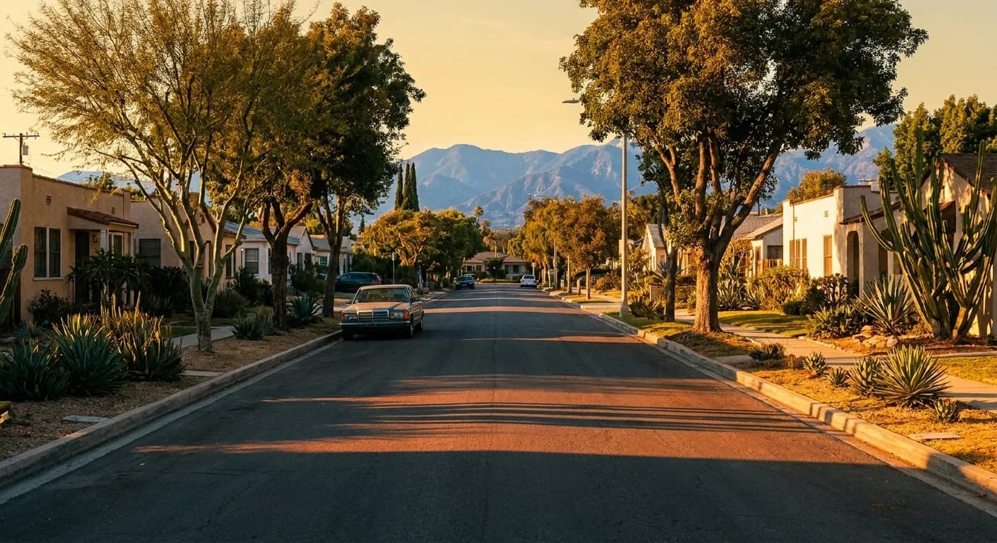 A quiet neighbourhood street of low bungalows at golden hour, long shadows and mountains hazy in the distance