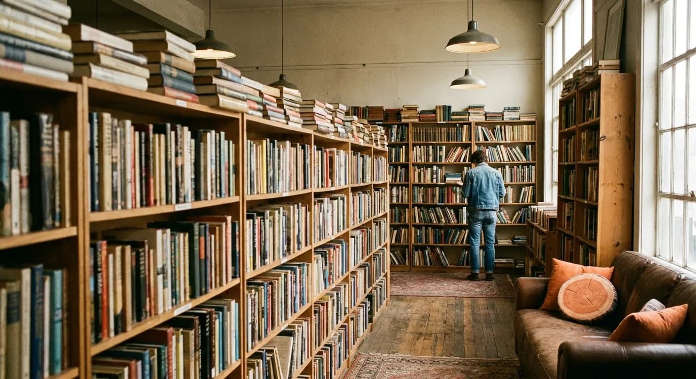 The interior of a large second-hand bookshop with tall crowded shelves and books stacked horizontally on top, warm hanging lights and one person browsing at the far end