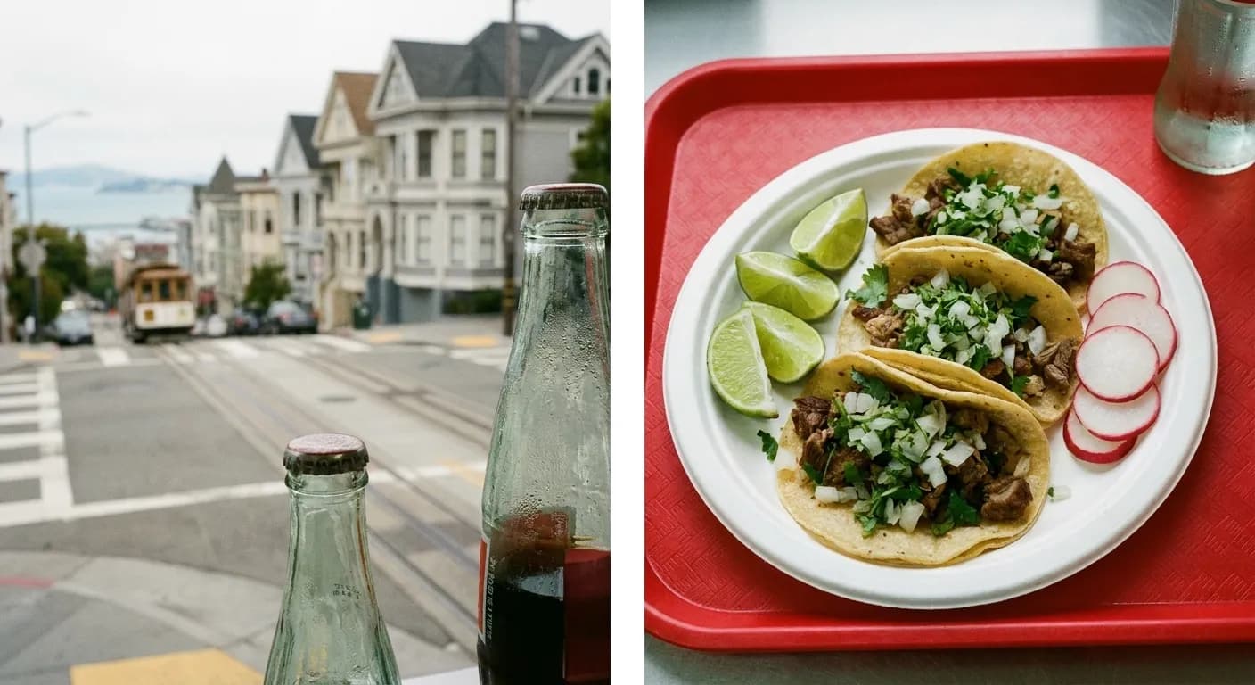 Three street tacos on a paper plate with lime, radish and salsa alongside