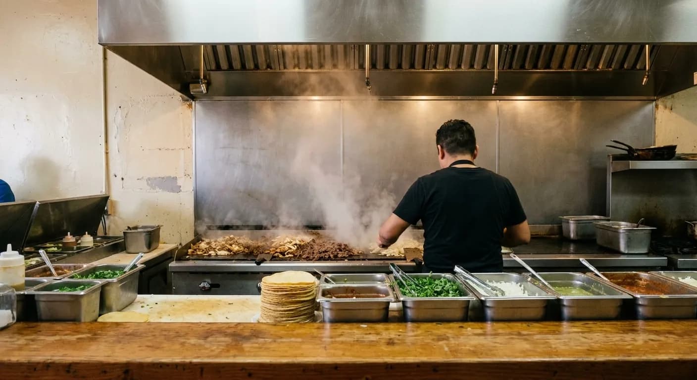 The open kitchen of a San Francisco taqueria with a cook working a wide griddle covered in meat and onions