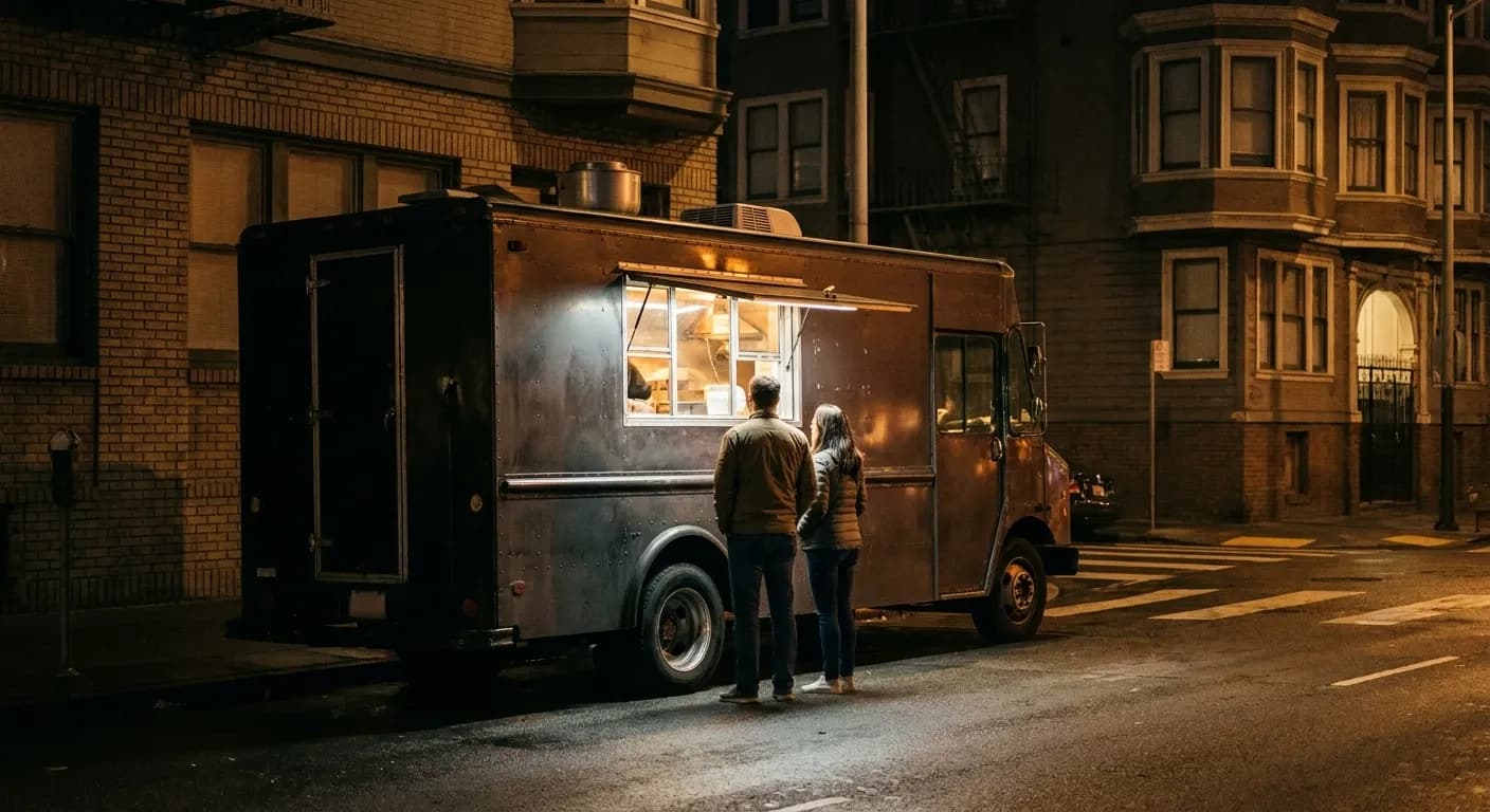 A taco truck parked at a street corner at night with its service window lit