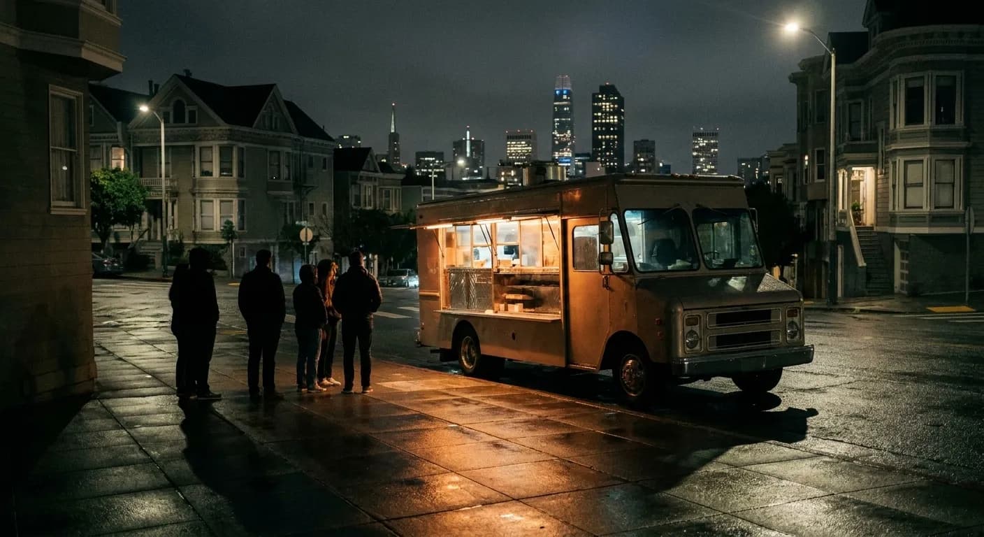A taco truck lit up on a dark street corner at night