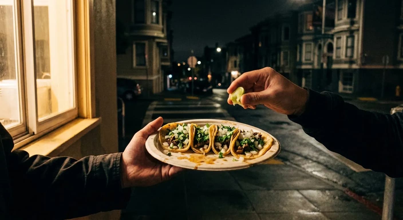 A plate of tacos held under a shop light on a dark street