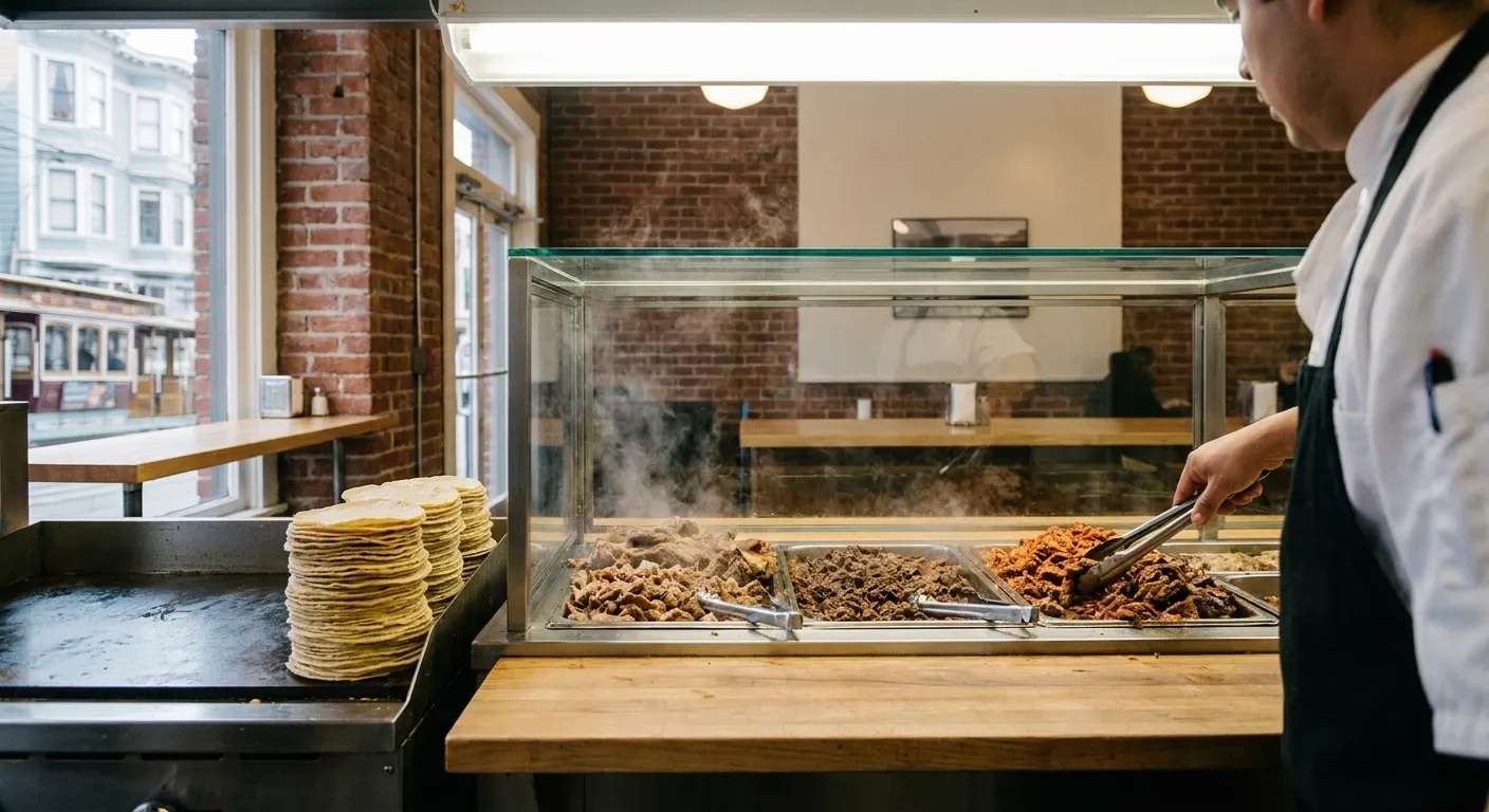 A taqueria counter with a steam table and a stack of tortillas