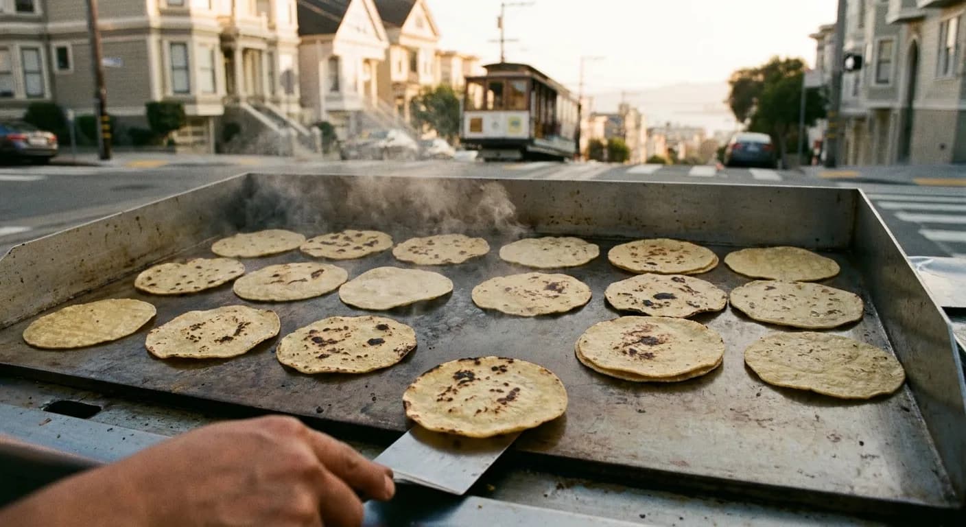 Corn tortillas cooking on a flat steel griddle