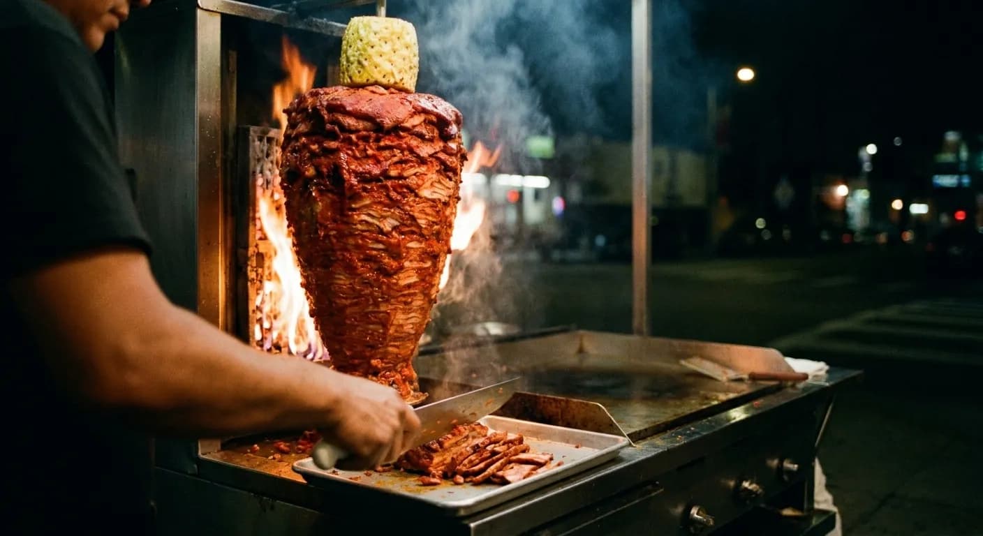 A trompo of marinated pork turning beside a griddle at a taco stand