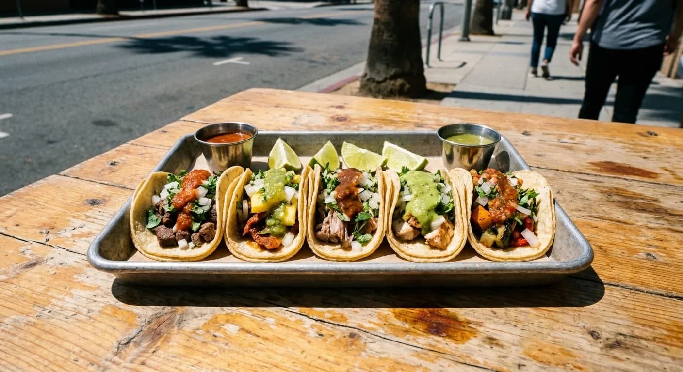 Five different tacos lined up on a metal tray with lime wedges and salsa cups alongside