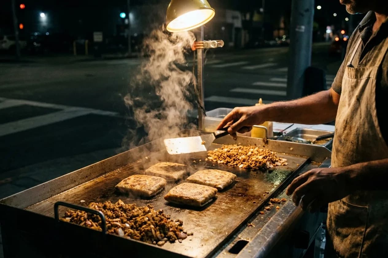 A flat-top griddle crowded with chopped meat and onions under a work lamp at a night food stand