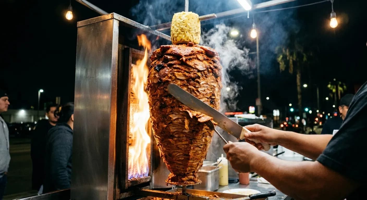A vertical trompo of al pastor pork turning beside a flame with a cook slicing from it at a street stand at night