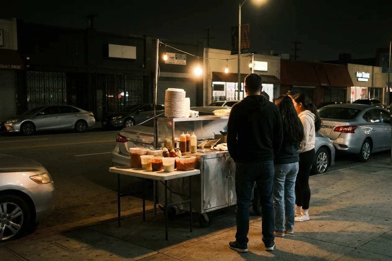 A simple street food stand on a pavement at night under a bare strung bulb, a folding table with condiment tubs and a stack of paper plates and a small queue waiting