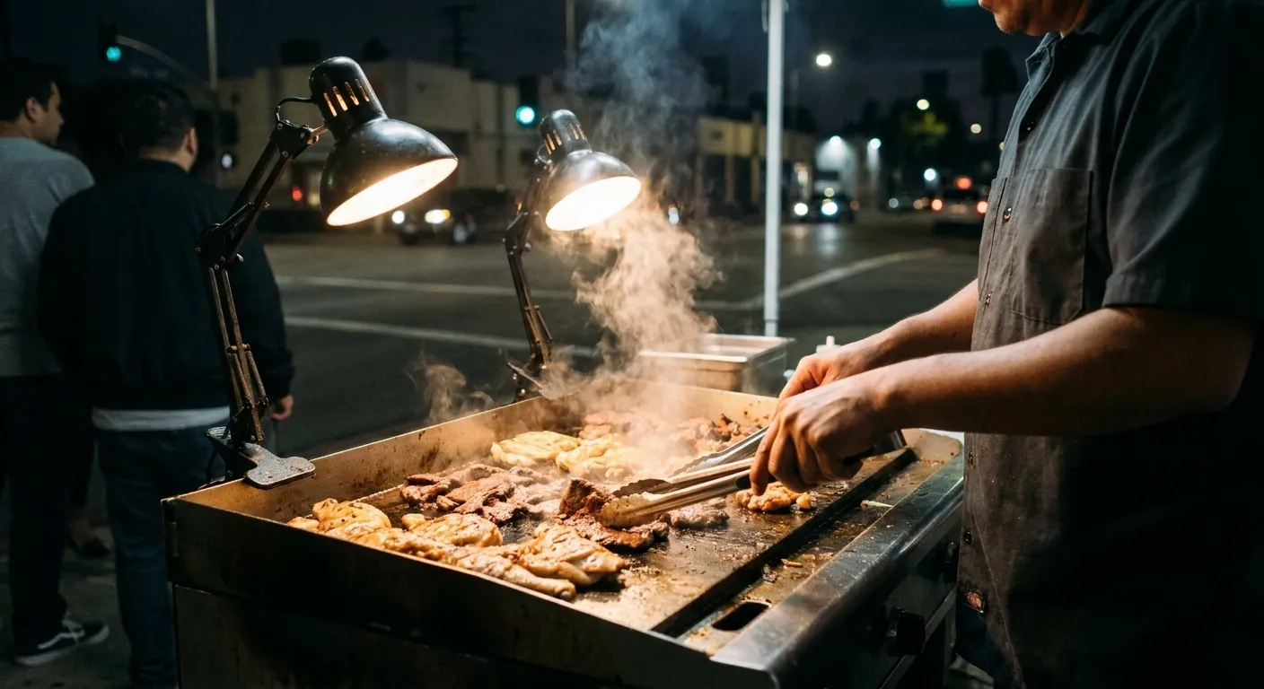 A street taco stand lit by work lamps late at night