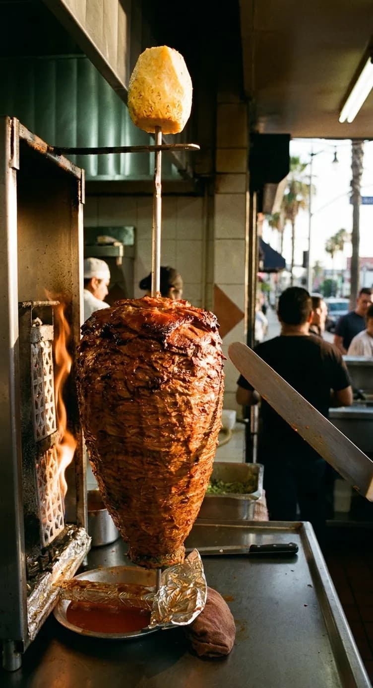 A vertical spit of marinated pork turning beside a gas flame