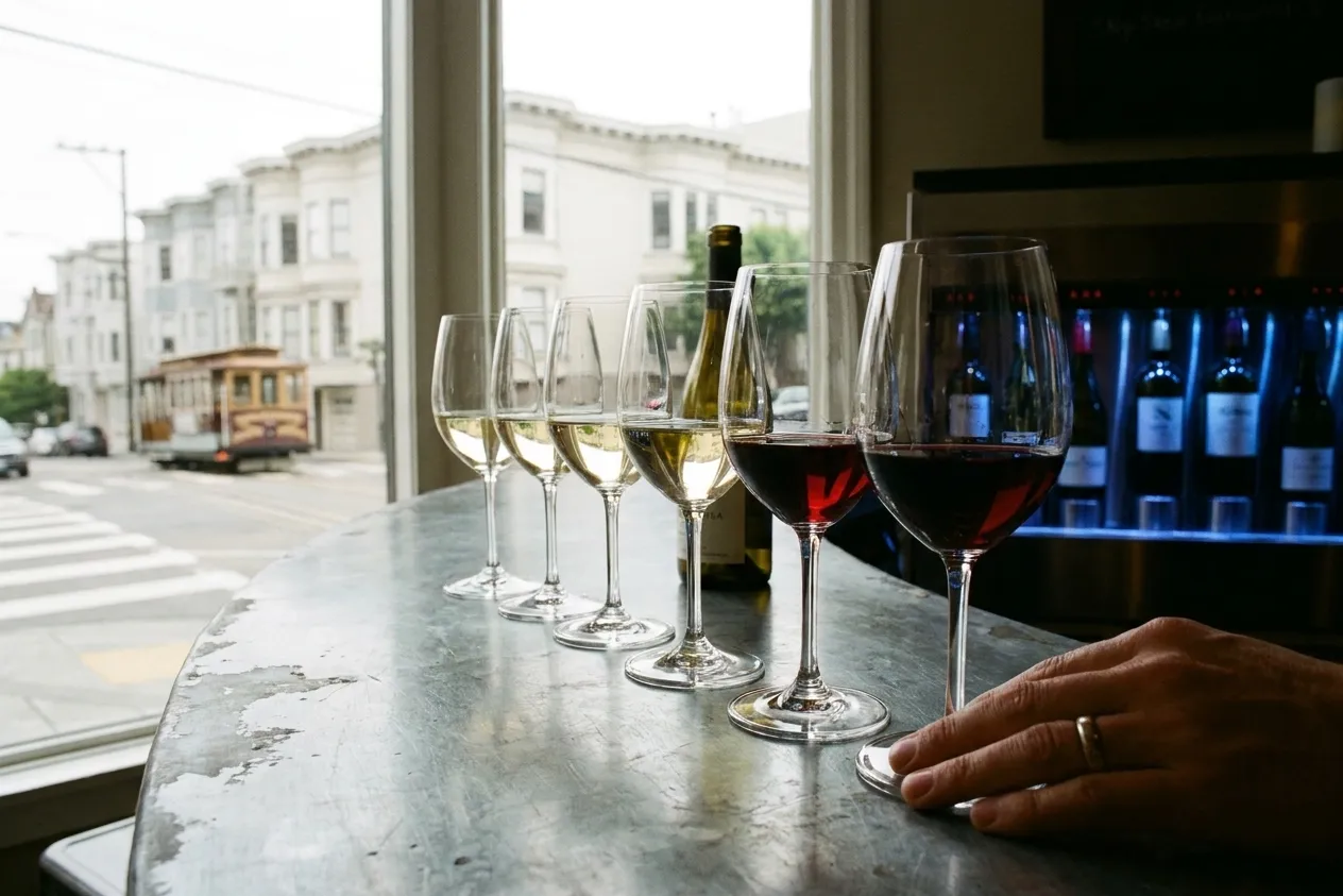 Several glasses of wine lined up on a bar for a tasting flight