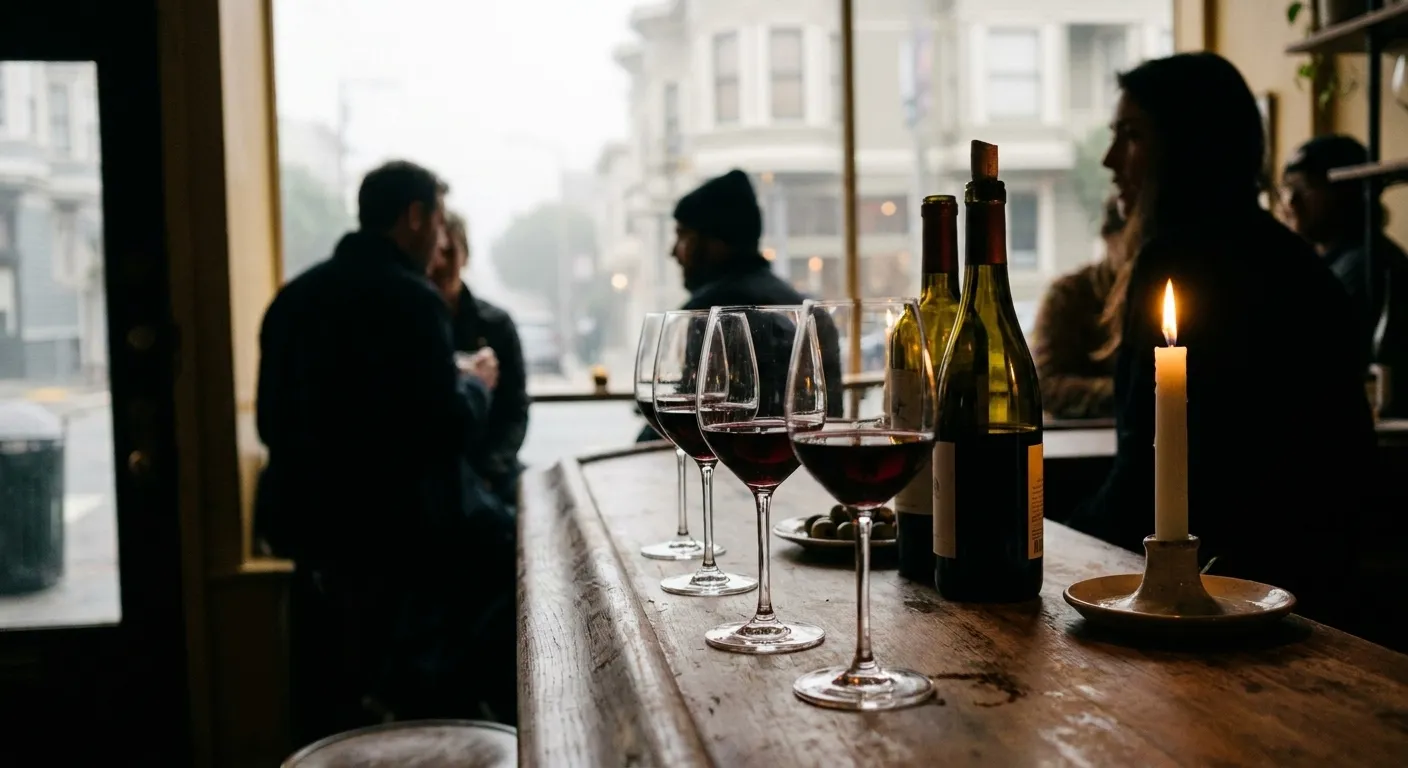 Wine glasses and open bottles along a narrow bar counter under warm lighting