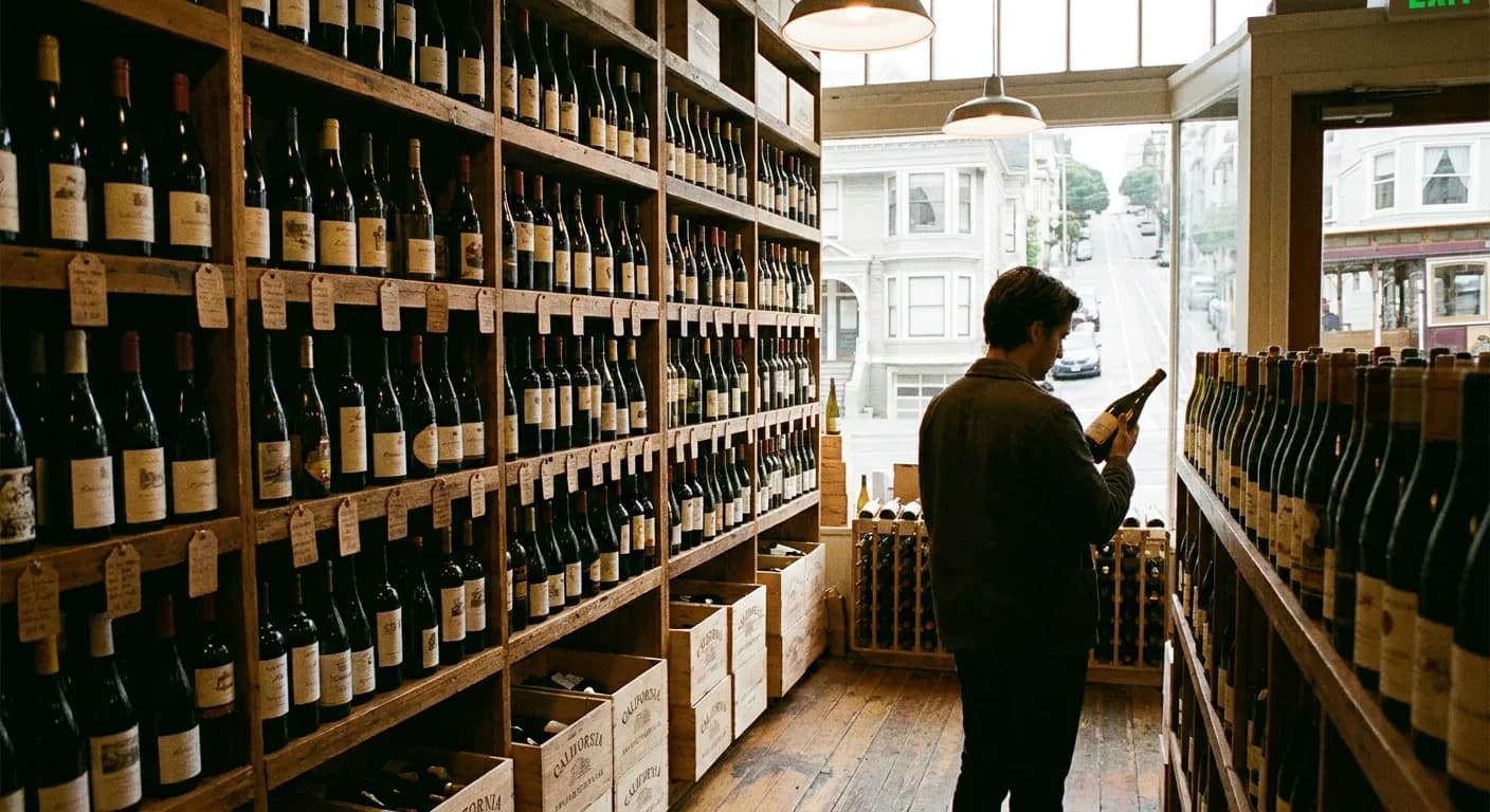 Floor-to-ceiling shelves of wine in a small San Francisco shop with a customer browsing