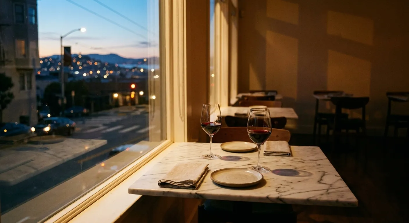 Two glasses of wine on a small table by a window at dusk