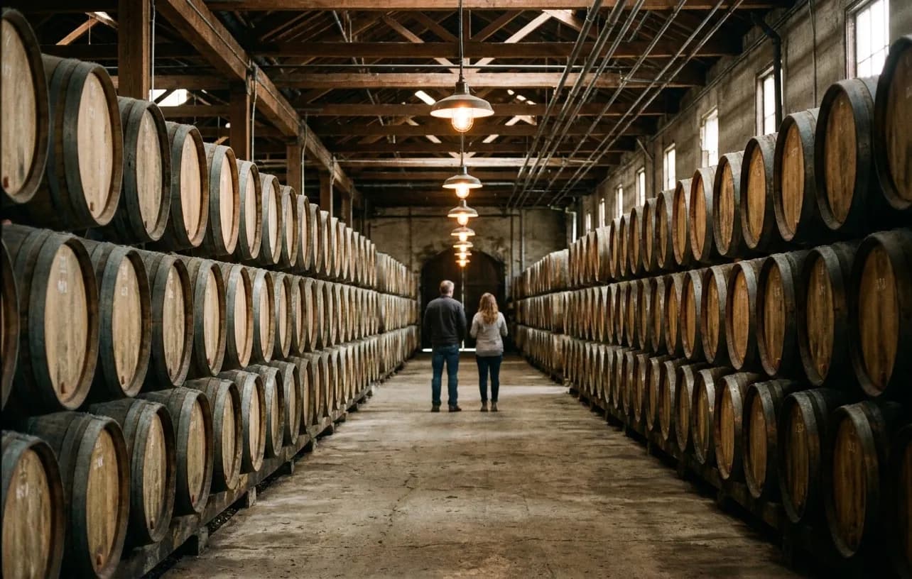 Rows of barrels in a converted warehouse cellar