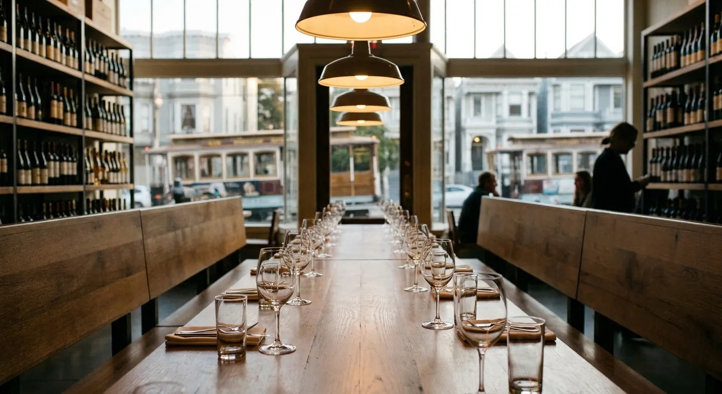 A long communal table in a wine bar set for a group