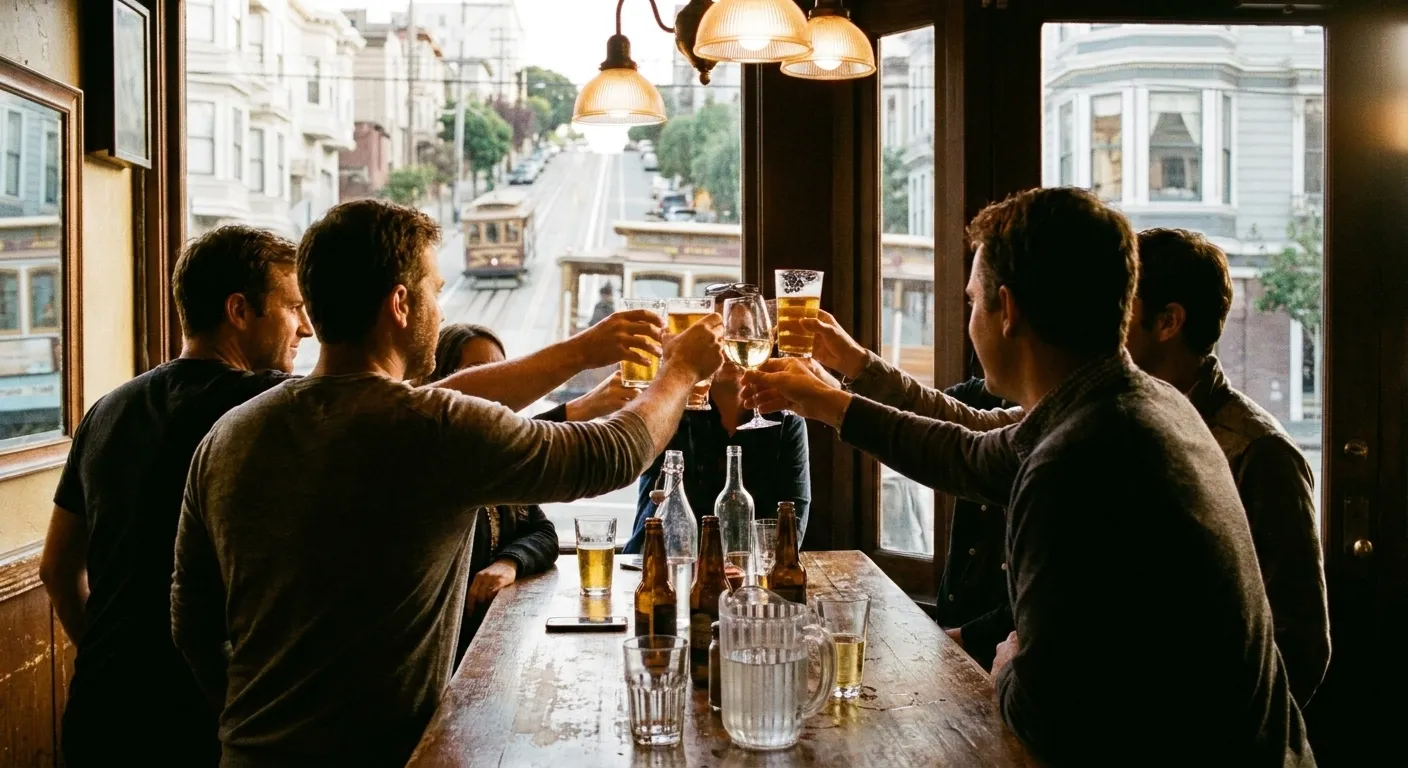 A group raising glasses around a high table in a warm, low-lit room