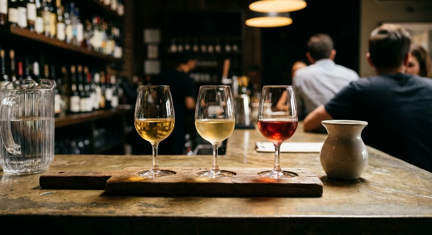 A flight of three wine glasses on a wooden board on a bar counter