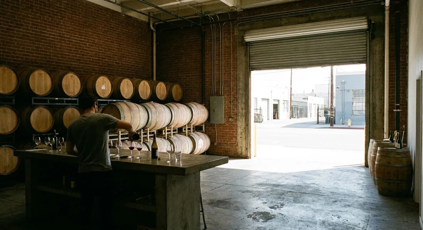 The interior of an urban winery with stacked oak barrels and a simple tasting counter