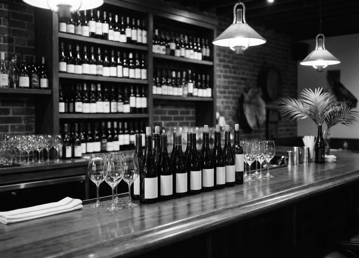 Open bottles lined along a bar counter with glasses beside them