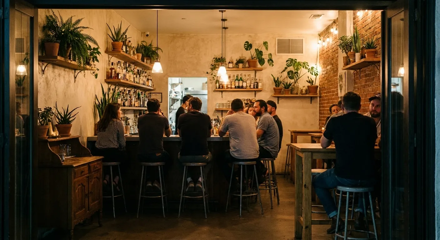 The interior of a small bar in the evening with people seated at the counter