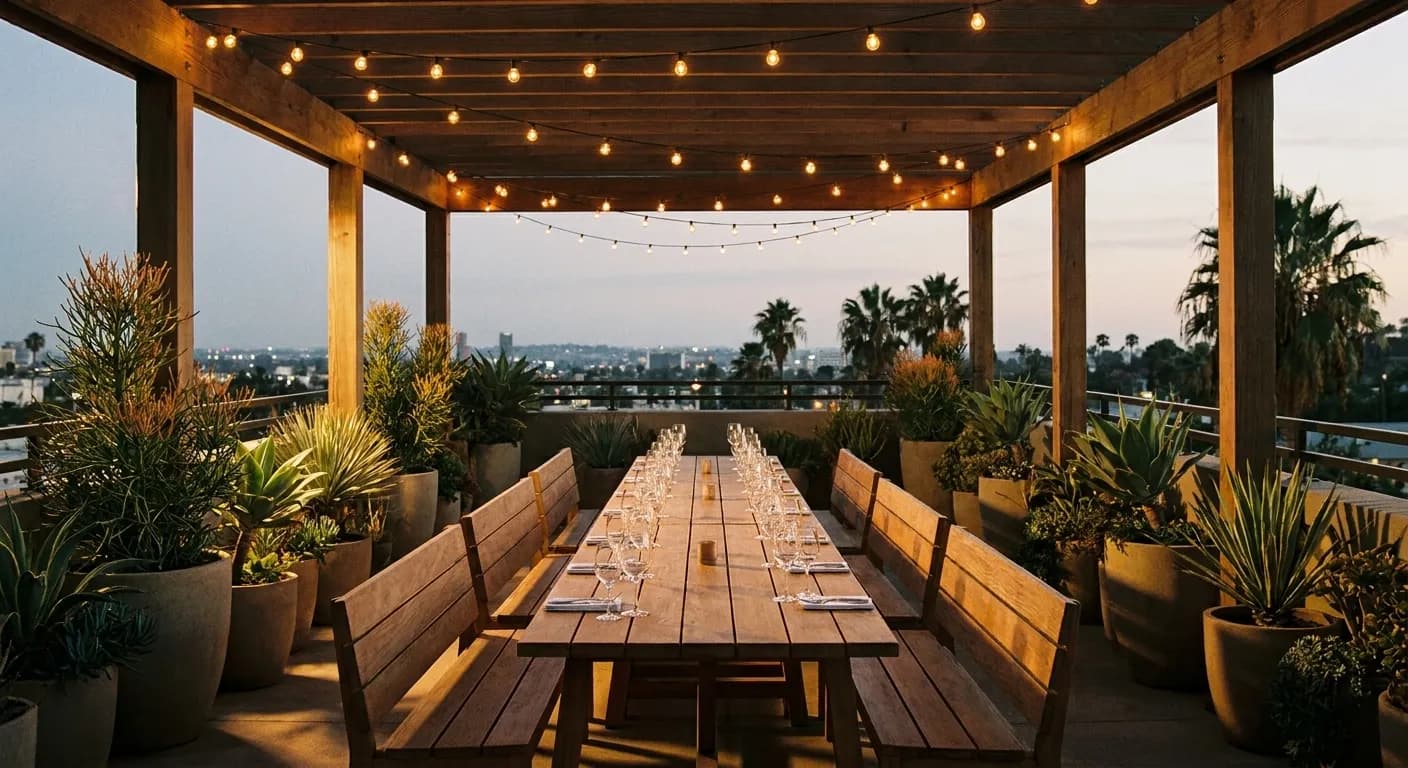 A long table on a covered patio set with glasses at dusk
