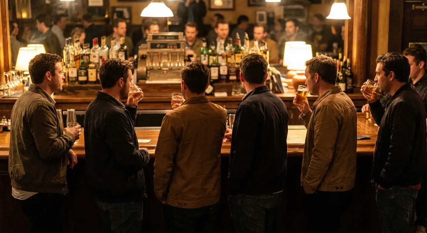 Six people standing together at a bar counter in the evening
