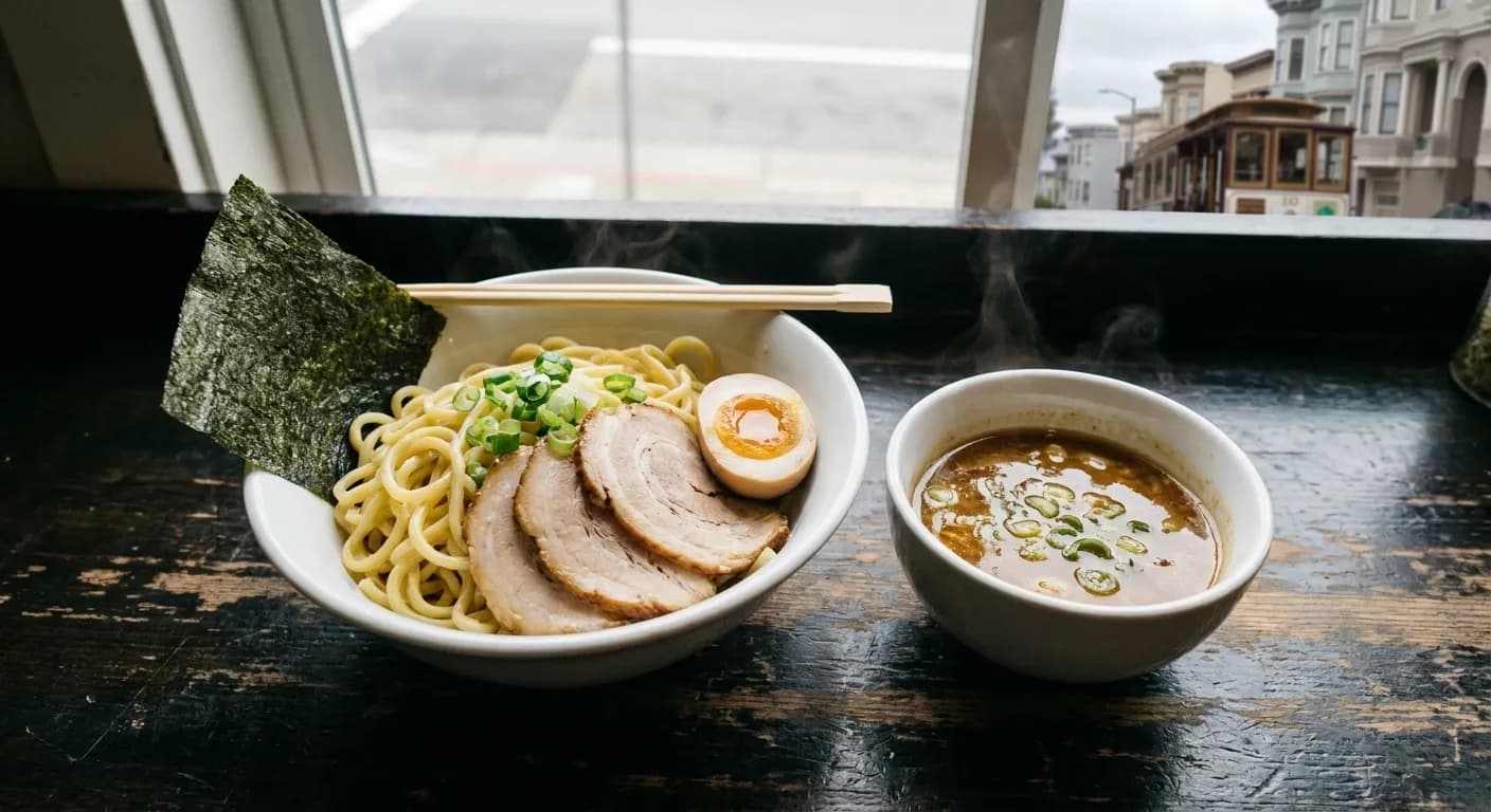 A bowl of ramen with chashu, egg and nori seen from above on a dark counter