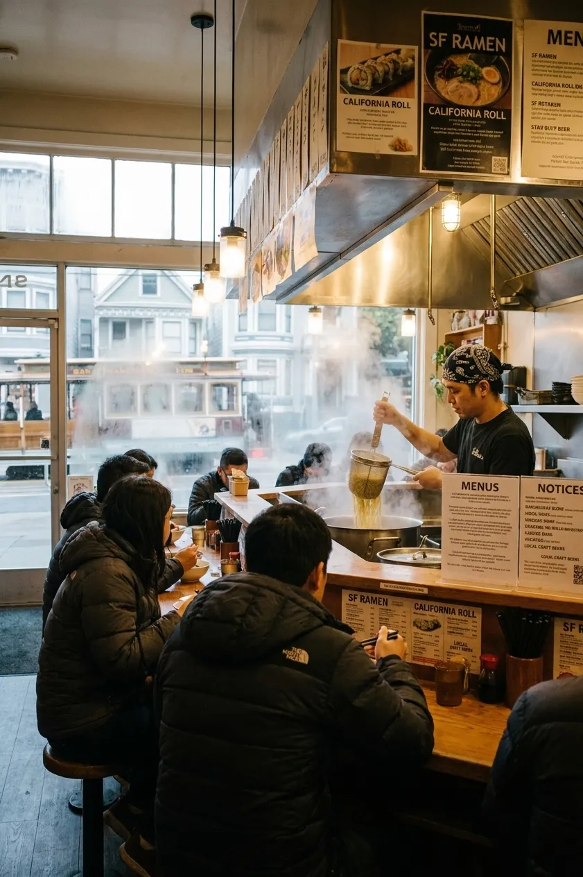 The narrow interior of a San Francisco noodle shop with a single counter and solitary diners at every stool