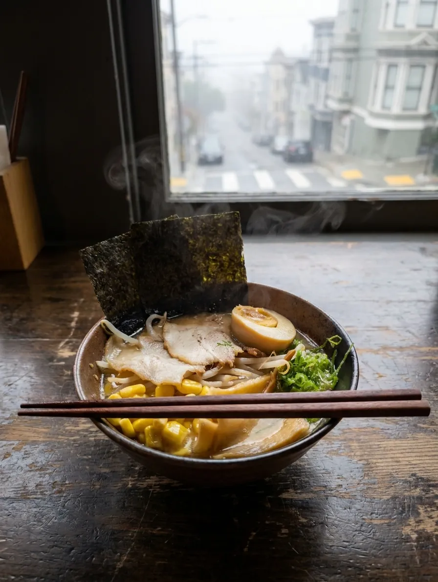 A bowl of ramen with chashu, egg and scallions seen from directly above on a wooden table