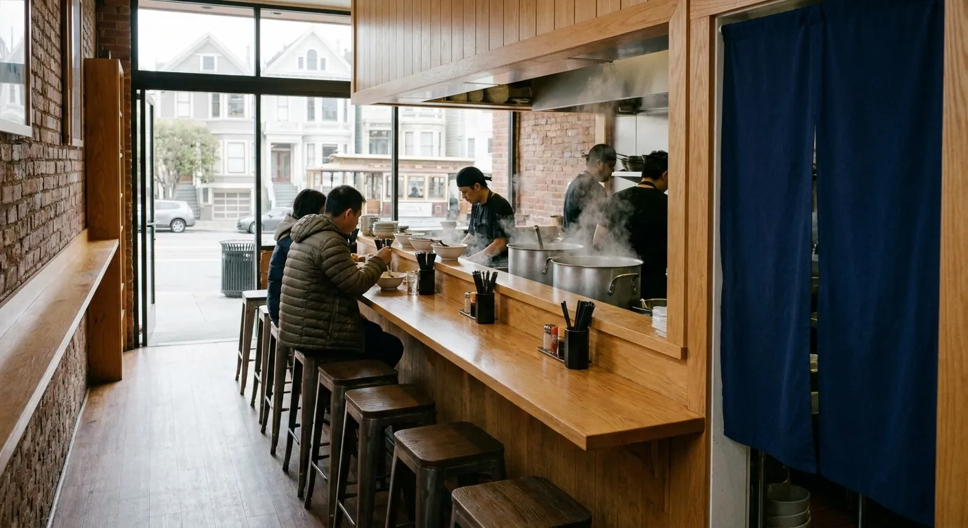 The counter of a narrow San Francisco ramen shop with diners seated and steam rising from the kitchen pass
