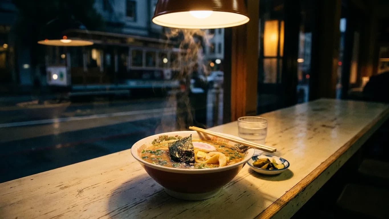 A bowl of ramen on a wooden counter under a warm lamp