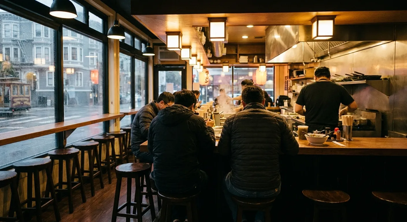 The narrow counter of a small ramen shop at night with a few customers seated