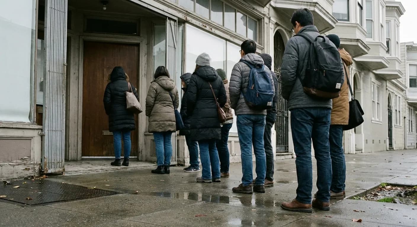 A short queue outside a small restaurant door on a grey afternoon
