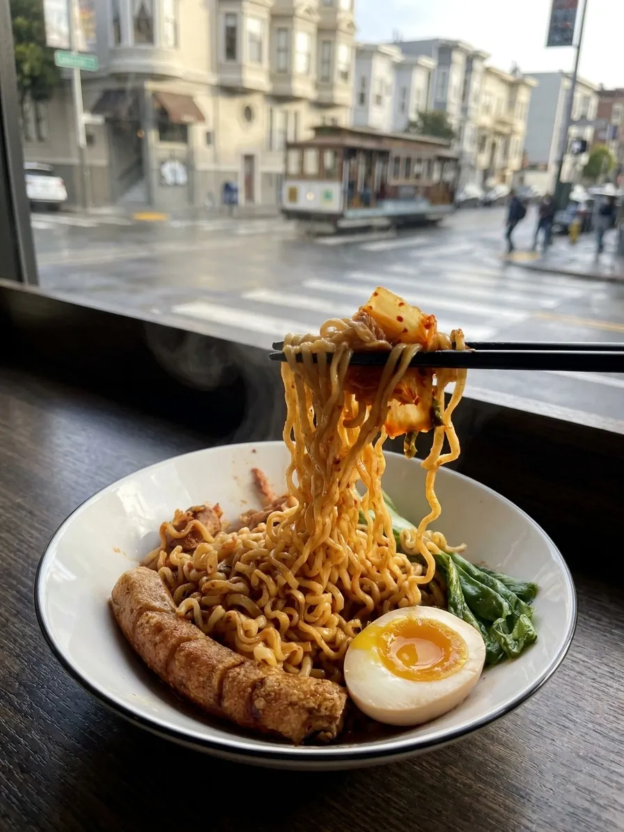 Noodles lifted on chopsticks above a bowl of ramen