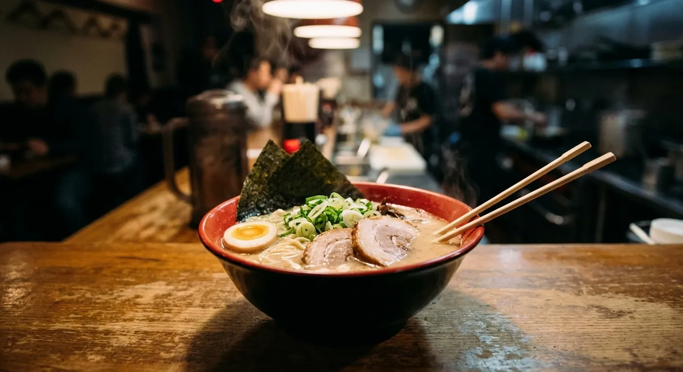 A bowl of tonkotsu ramen on a wooden counter with chashu, egg and spring onion, steam rising under warm light