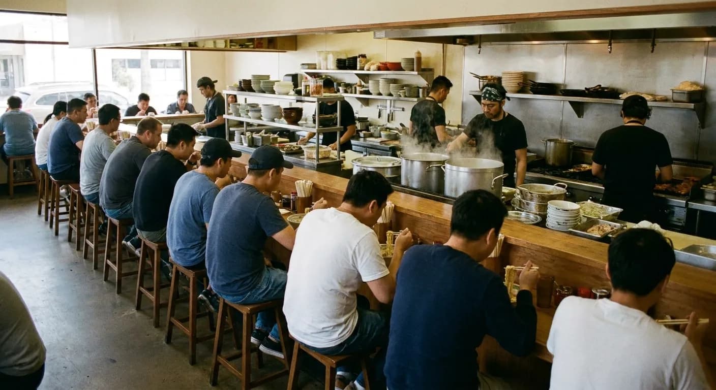 The narrow interior of a small noodle shop with a single counter and a dozen stools, mostly occupied by solitary diners, the open kitchen visible beyond with cooks working over steaming pots